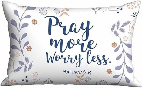 Mugod Funda de almohada floral con frase bíblica, oración más preocupada menos, funda de cojín lumbar para la cintura, sofá, rectangular, decorativa