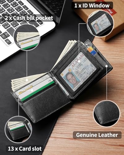 Image of Artpaxy Mens Wallet Bifold Genuine Leather RFID Blocking Wallet for Men with 1 ID Window 13 Card Holders 2 cash pockets 1 Gift Box