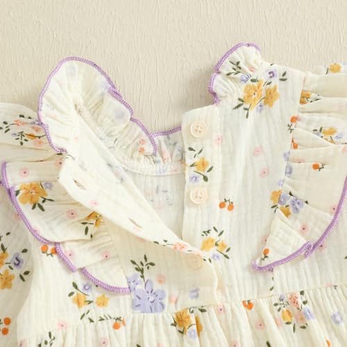 Emmababy Linen Bubble Romper Baby Girl Floral Smocked Romper Long Sleeve Ruffle Bodysuit Newborn Infant Fall Winter Clothes 6