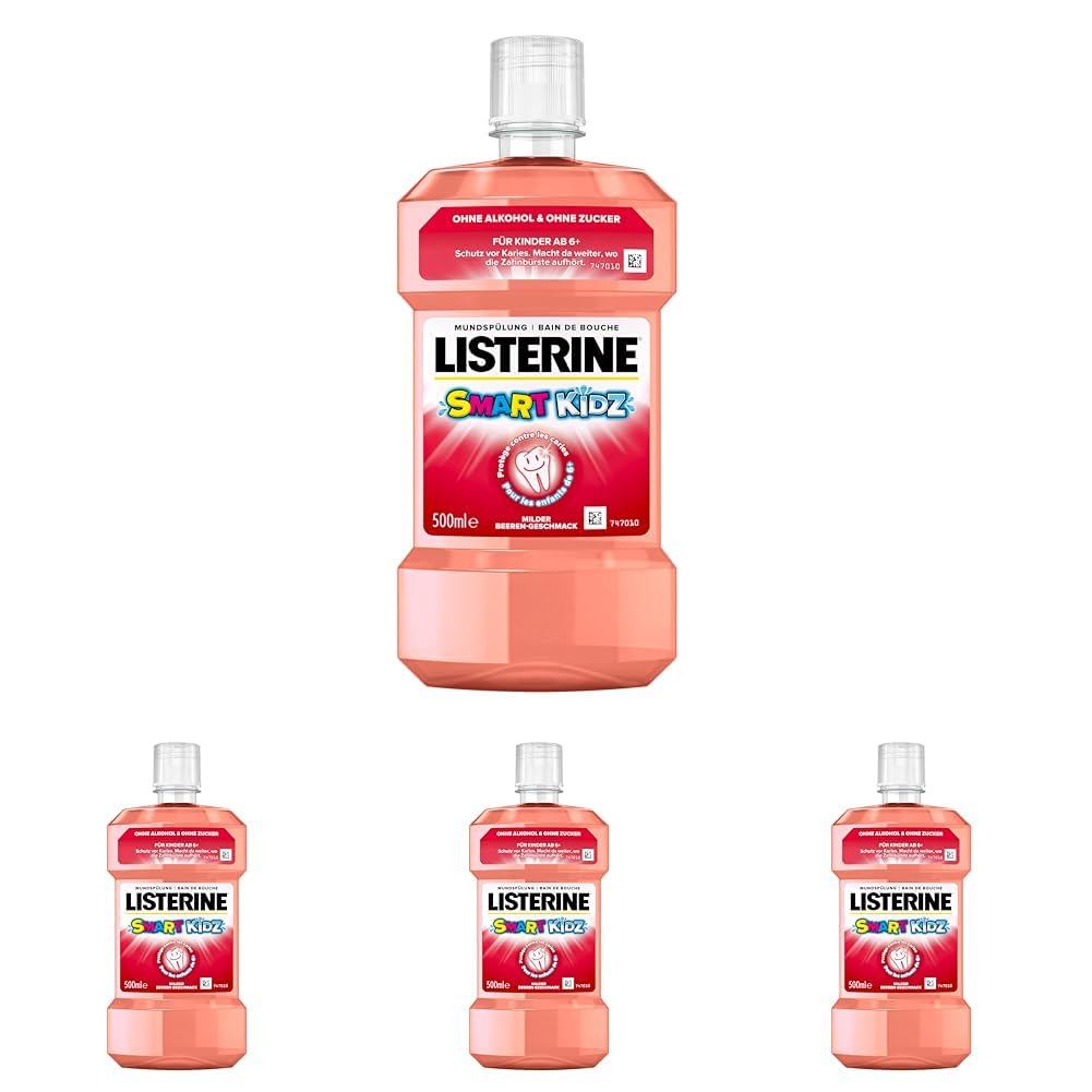 LISTERINE Smart Kidz Mild Berry (500 ml), antibakterielle Kinder Mundspülung ohne Alkohol & ohne Zucker, Mundwasser schützt vor Karies, geeignet für Kinder ab 6 Jahren (Packung mit 4)