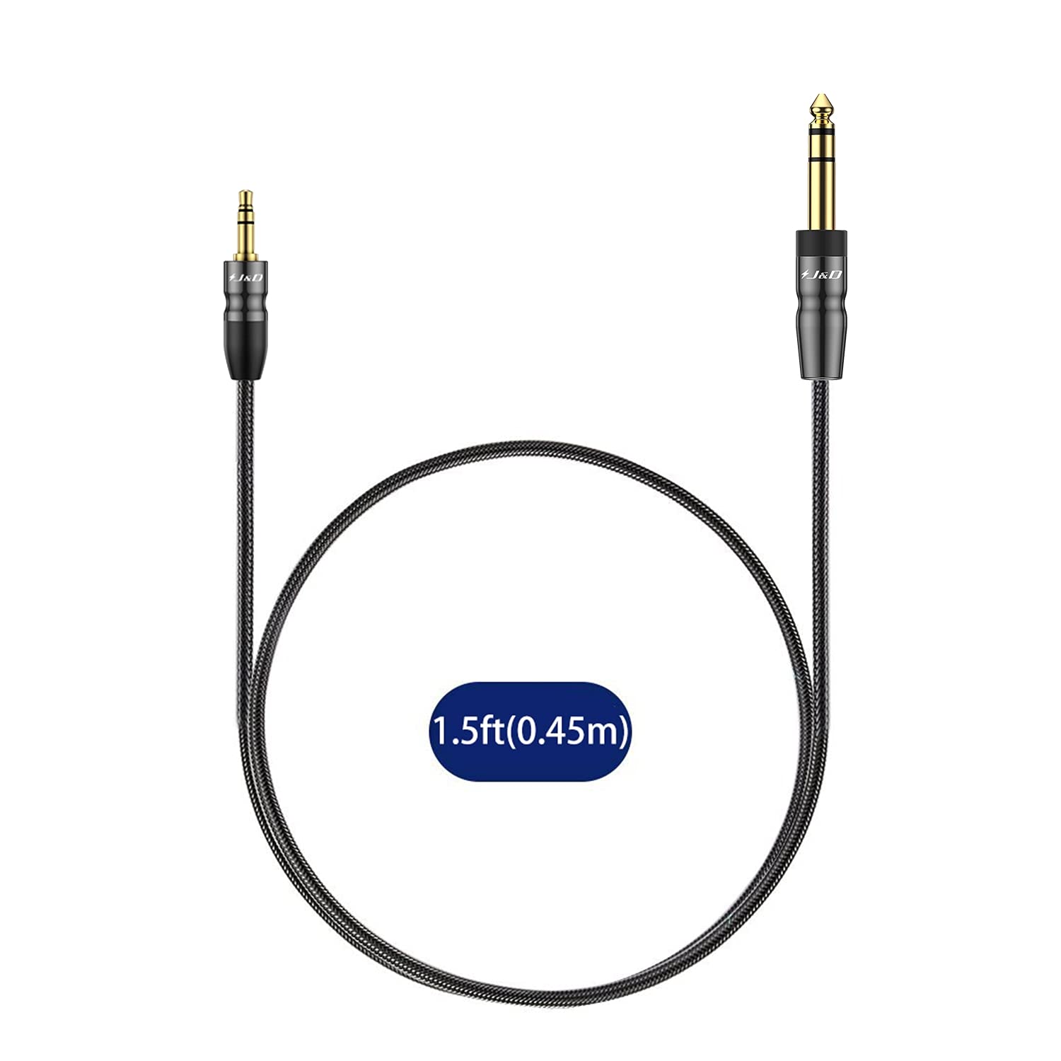 J&D 3.5 mm do 6.35 mm Kabel, 3.5mm (1/8 cala) Męska TRS do 6.35mm (1/4 cala) Męska TRS Kabel audio stereo z gniazdem z miedzią splecioną nylonem, 0,45 Metra