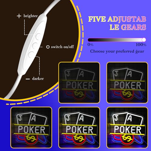 Image of Poker Neon Sign Dimmable Casino LED Wall Light for Man Cave | Playing Cards LED Neon Light for Poker Room, Game Room, Bar, Bedroom, Casino Party Decor, Gift for Poker Lovers, USB Powered