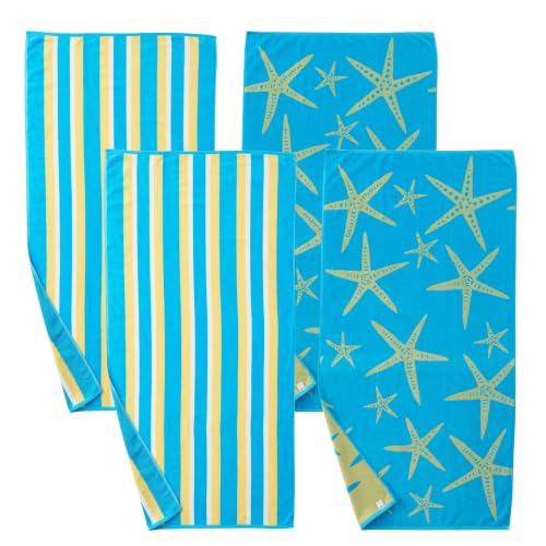 Great Bay Home 100% Cotton Beach Towels - 4 Pack of 30 x 60" Pool Towels - Absorbent & Quick Dry Towel (Blue/Yellow Starfish & Stripes)