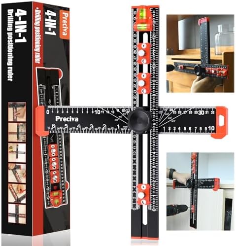 Preciva 4-in-1 Adjustable T Square Ruler - 14"/35cm Multifunctional Drilling Guide & Layout Tool for Cabinets | Precision Marking, Hole Punching, Level & 30/45/60/75/90° Angles | Dual Scales