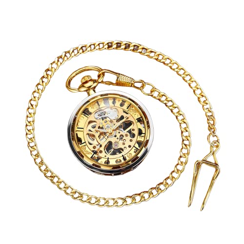 Men's Pocket Watch Steampunk Mechanical Pocket Watches with Chain for Daily Holidays Use Christmas Birthday Fathers Day Anniversaries with Gifts Box,Gold