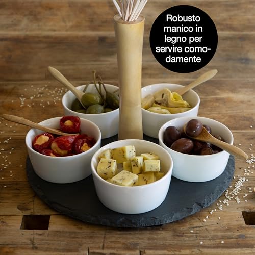 Moritz & Moritz Set da 11 pz Serving Set Sesame - Vassoio in Ardesia con Manico in Legno Ciotole in Ceramica cucchiai di bambù - per antipasti e Snack - immagine 5