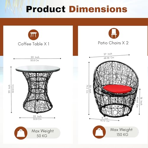 Image of DEVOKO 3-Piece Netted Rattan & Wicker Patio Mudda Chairs and Glass Top Table with All Weather Waterproof Cushion for Garden, Pool, Balcony, Lawn (Black & Red)
