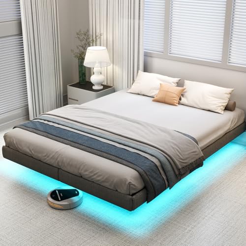 Cadre de Lit 140 x 200 avec Bandeaux LED, Lit 2 Personnes avec Sommier Métal, Lit 2 Places avec...