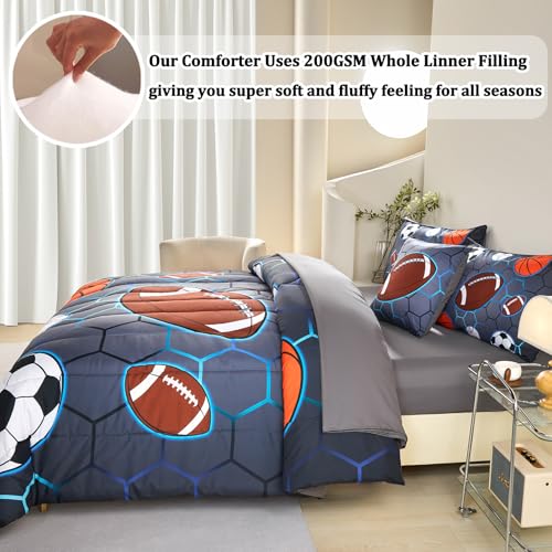Image of 6 Pcs Sports Bedding Set for Boys Twin Comforter Set, Soccer Basketball Baseball Football Boys Bedding Sets with Sheets