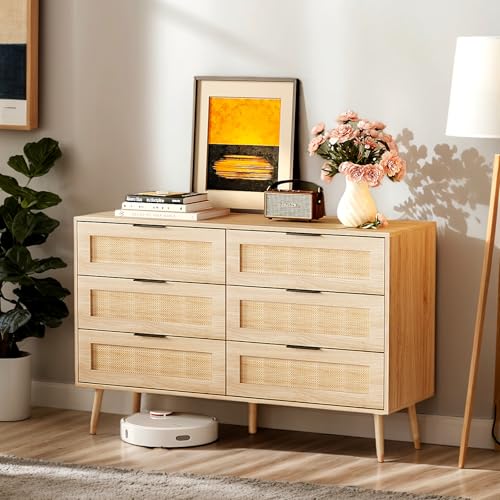 Image of VINGIL 6 Drawer Rattan Dresser, Boho Chest of Dressers, Modern Wooden Dresser with Ample Storage, Rattan Chest of Drawers for Bedroom, Oak