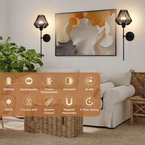 Image of Battery Operated Wall Sconces Set of 2,Rattan Rechargeable Wall Light Dimmable with Remote Control,15 Color Changing and Timer,Boho Wireless Black Wall Lamps for Bedroom,Living Room