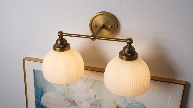 Image of 2-Lights Milk White Glass Wall Sconce Lighting Brass Finished, Double Arm Bathroom Vanity Light Fixture for Bedroom Living Room Dining Room Hallway