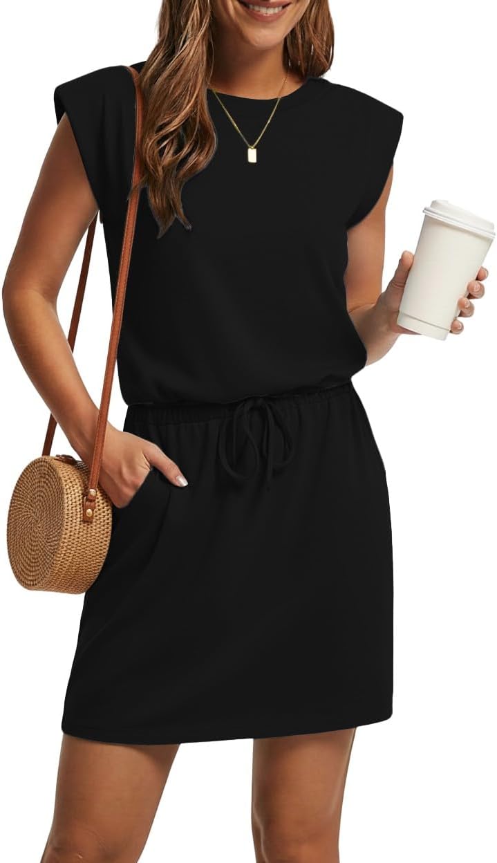 GRECERELLE 2026 Womens Summer Dresses Round Neck Sleeveless Tie Waist Casual Shirt Dress with Pockets