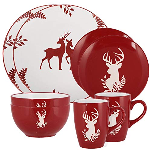 Christmas Crockery 8 Piece Christmas Dinner Set Dishwasher/Microwave Safe Red & White Hand Painted Stoneware Crockery Dinner Service for 2 - Two Place Settings of Mug, Bowl, Side Plate & Dinner Plate