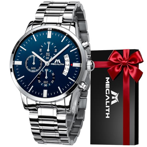 MEGALITH Reloj Hombre Cronografo Acero: Plateado Azul Relojes de Pulsera Analógico Cuarzo Luminoso Fecha - Diseñador Reloj Elegante Regalo para Hombre MEGALITH Reloj Hombre Cronografo Acero: Plateado Azul Relojes de Pulsera Analógico Cuarzo Luminoso Fecha - Diseñador Reloj Elegante Regalo para Hombre