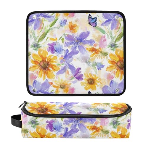 Bolsa de viaje para herramientas de cabello con flores amarillas y moradas, resistente al calor, con cierre para planchas de pelo, rizadores y secador miniatura 3