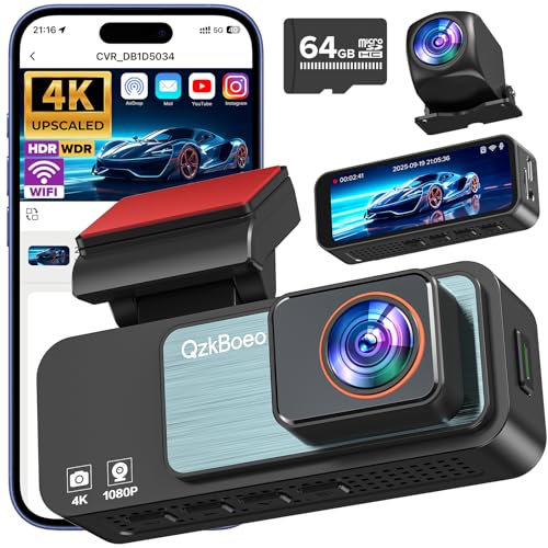 Dashcam Front and Rear Camera, 4K+1080P Dash Camera for Cars, 64GB Card Included, 3.2' IPS Screen, HDR Night Vision, G-Sensor Emergency Lock, Parking Monitor, Loop Recording, Support 256GB Max