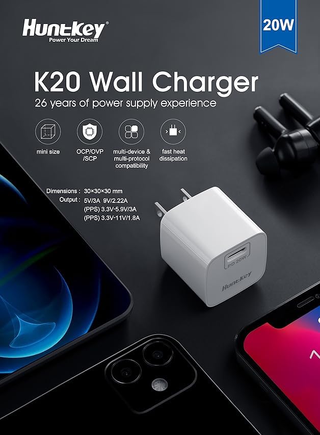 20W USB-C Power Adapter iPhone Charger Block Type-C Fast Charging for iPhone 16/15 and More Series, Galaxy, Pixel, iPad (Cable Not Included)