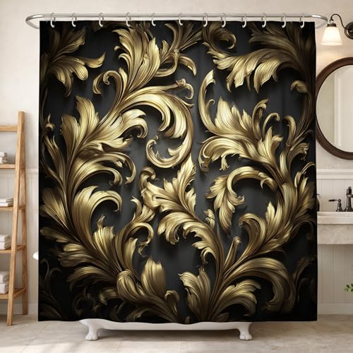 Rideau de douche floral baroque doré 183x183 cm en tissu imperméable