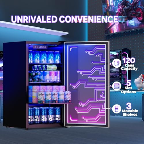 Gaming Light Up Beverage Refrigertor, Led Lighting Door 120 Cans Freestanding Beverage Fridge, Cyberpunk Beverage Cooler for Gaming, Gaming Room, Bar, Party (Lighting)