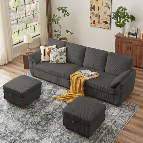 Image of Sectional Sofa with Dual Storage Ottomans, 4 Seat U Shaped Couches for Living Room: Soft Corduroy | Double Movable Chaise Ottoman | Modern Reversible Convertible Couch Set, Dark Grey