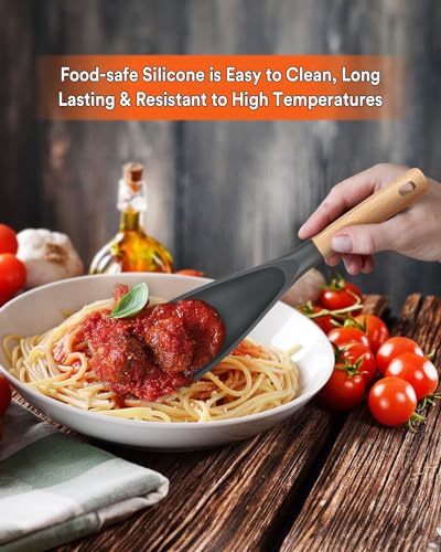 Image of Cooking Spoon for Nonstick Cookwares, Great for Cooking and Serving Durable BPA-Free Matte Silicone, Wood Handle Spoon for Mixing, Scoop, and Scrape