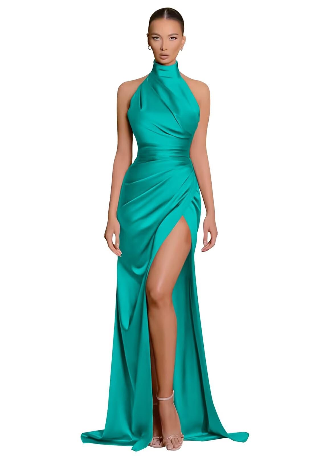 Clothfun Women's Halter Satin Bridesmaid Dresses Long Mermaid Prom Dress for Women Formal Gown with Slit