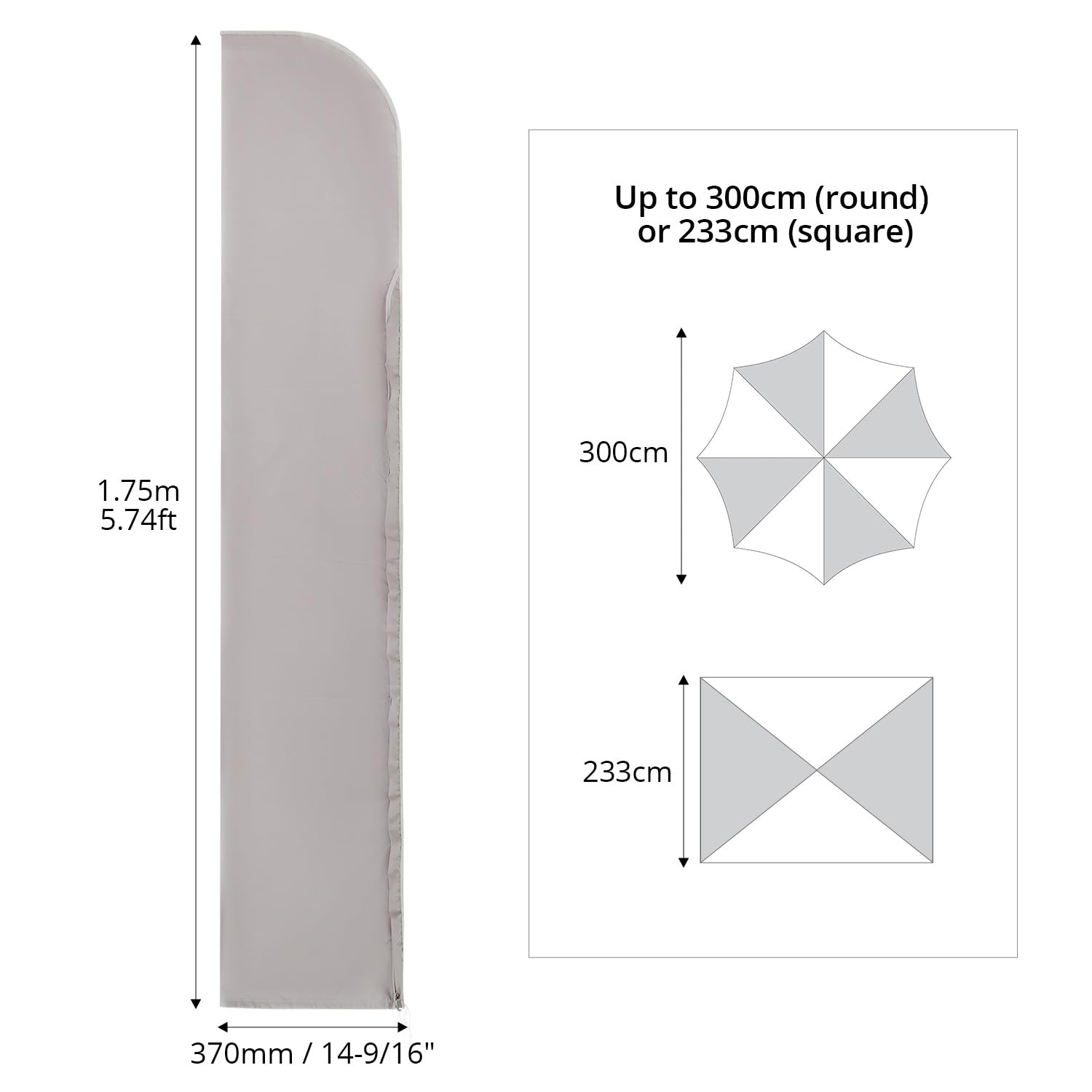 Housse Imperméable pour Parasol 300 cm, avec Tige de Montage, Fermeture Éclair Invisible - 175×30,5/36,5 cm, Résistante aux UV