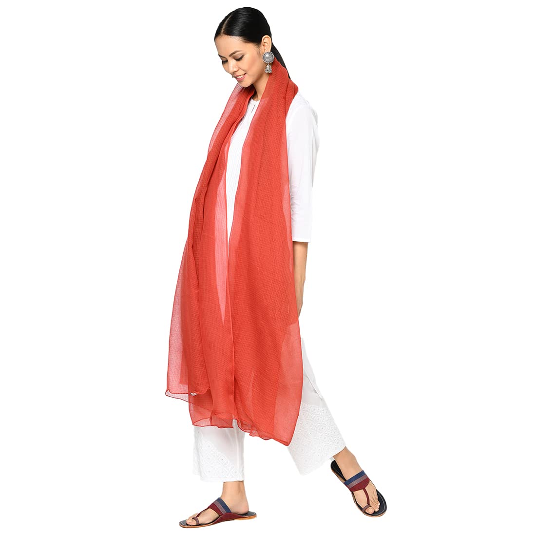 Fabindia Women Cotton Silk Kota Woven Plain Dupatta Red_Freesize