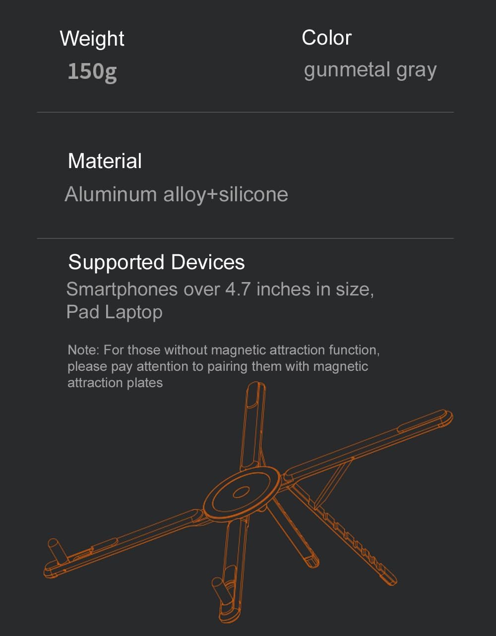 Multi-Purpose Portable Magnetic Stand, Suitable for Smartphones, Pad，Laptop， AluminumAlloy Material,Suitable fortraveling, Official Working and Leisure, and Home Entertainment (E05-gray)