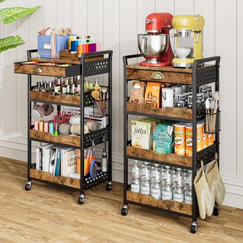 DYUTFZU Rolling Cart Organizer with Removable Drawer, 4-Tier Art and Craft Storage Cart, Nail Makeup Organizer, Metal Utility Cart with Wheels for Kitchen Bathroom Essentials, Coffee Supplies, Snack
