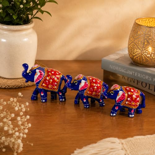 Image of eCraftIndia Handcrafted Multicolor Elephant Showpiece Set of 3 for Home Decor | Traditional Rajasthani Painted Elephant Figurines | Decorative Table Accent, Office Desk & Gifting Item