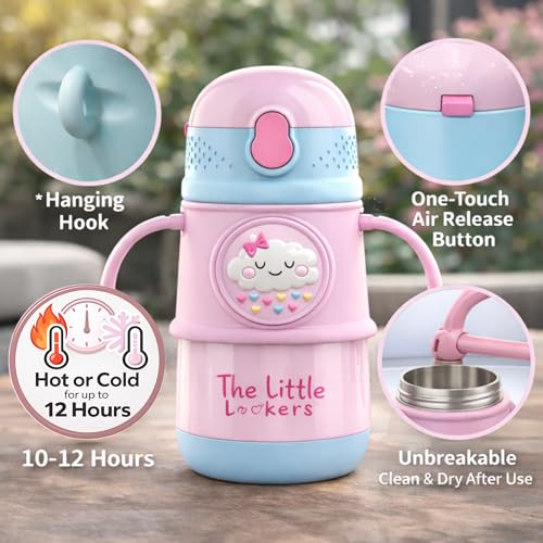Image of THE LITTLE LOOKERS Stainless Steel Hot & Cold Sipper Bottle for Kids | 300 Milliliters | Rust-Proof | BPA-Free | Double-Wall Vacuum Insulation Water Bottle | Ideal for School and Travel | Pink