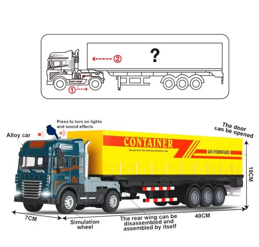 Image of Friction Powered Logistic Transport Truck Toy for Kids Boys Girls Big Size 1:24 Die cast Alloy Model Cargo Container Truck with Light Sound Pull Back Vehicle (Pack of 1, Multicolor)