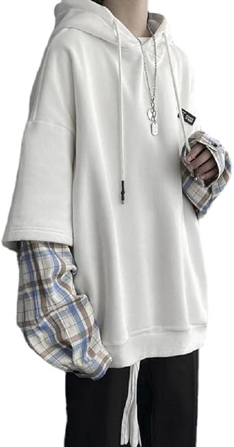 BONVEN Oversized Striped Patchwork Hoodie Streetwear Gothic Y2k Grunge Punk Pullover Emo Scene Plaid Sweatshirt