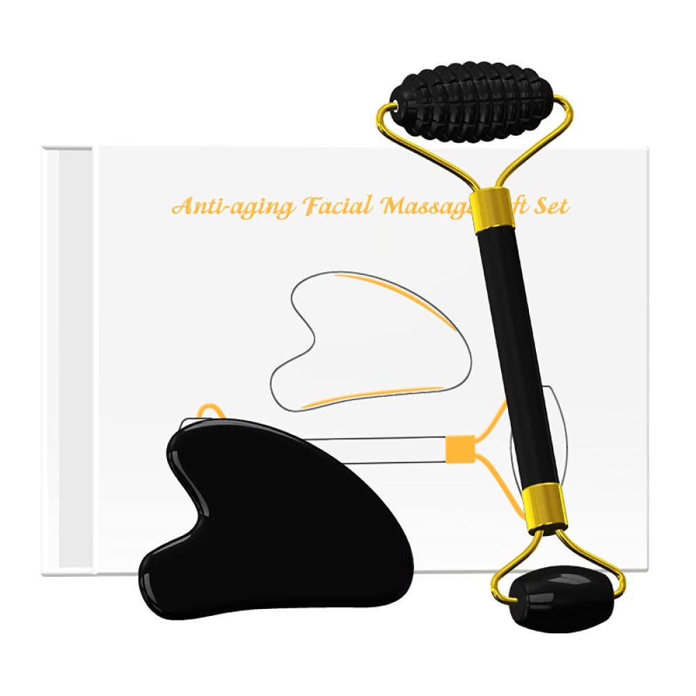 Obsidian Massage Rouleau Naturel Stone Gouache Grattoir Massager du visage Guasha Board Visage Face Rouleau de massage-2 en 1 avec la boîte-a