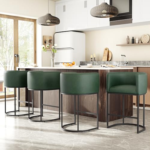 Image of 26 inch H Counter Height Bar Stools Set of 2, Modern Barrel Counter Stools with Backrest and Arms, Faux Leather Upholstered Accent Barstools for Kitchen Island,Support 450 LBS (Green)