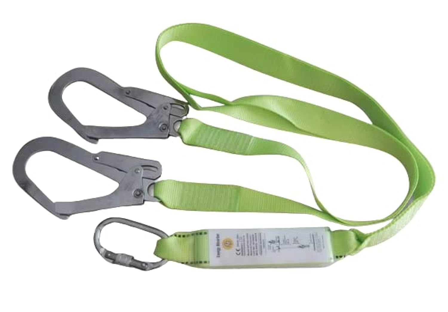 Safety Plus World Double Lanyard webbing material with polyamide shock absorber one Karabiner and two scaffold hooks Y Lanyard 1.8 meters EN:361:2002 and EN:355:2002 certified