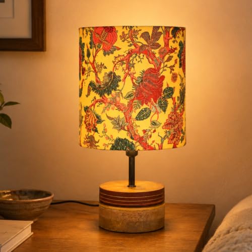 Image of Amazon Basics Phulwari Marigold Table Lamp | Hand-Painted Mango Wood Base with Printed Polyester Shade | E14 Holder | Decorative Night Lamp for Bedroom, Living Room & Study Room | Home Decor Gift