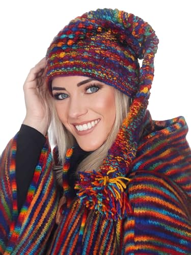 Kunst und Magie Regenbogen Zipfelmütze, Wollmütze Mütze Schurwolle mit Fleecefutter, Extralange Wintermütze mit Bommel, Unisex