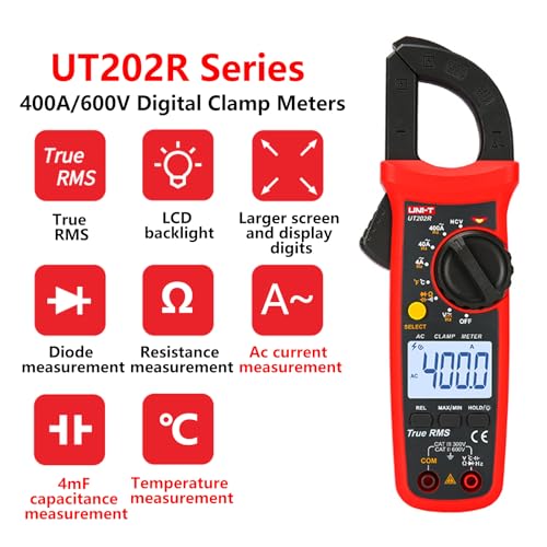UNI-T UT202R Portable Multimeter Automatic Range True RMS Clamp Meter with LCD Display, Red - Image 2