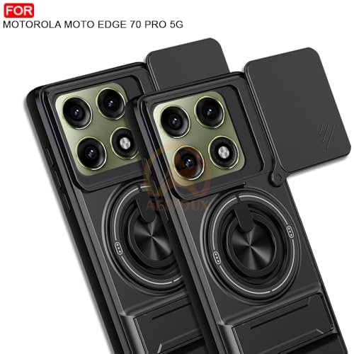 Image of Moto Edge 70 Pro / 70 pro Plus 5g Back Cover | Armor Camera Slider 360 Degree Rotating Finger Ring Holder Case with Bracket Stand Back Case Cover (Compatible with MagSafe Accessories) (Black)