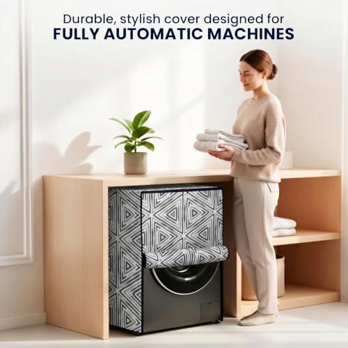 Image of Star Weaves Front Load Fully Automatic Washing Machine Cover for 6 kg, 6.5 kg, 7kg & 7.5 kg (Black & White) | Waterproof & Dustproof Polyester Fabric with Zipper | Protection Cover | 59 x 59 x 86 cms