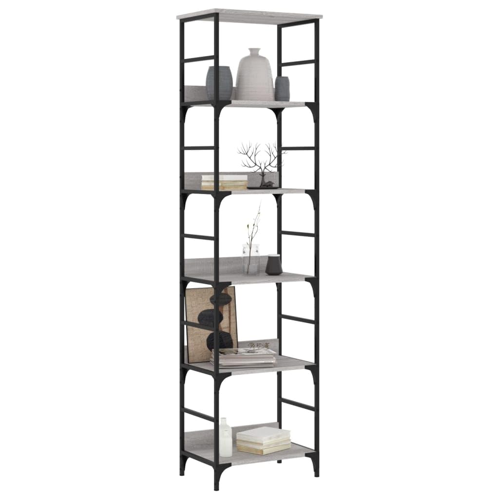 5-Tier Bookshelf Gray Sonoma 50x33x189 cm Engineered Wood & Steel Frame Modern Industrial Style Office Storage Shelf for Living Room Bedroom Corridor