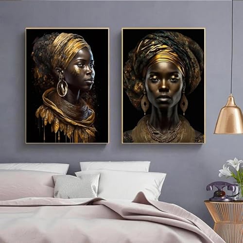 Peinture femme noire style tribal chic art mural or et noir