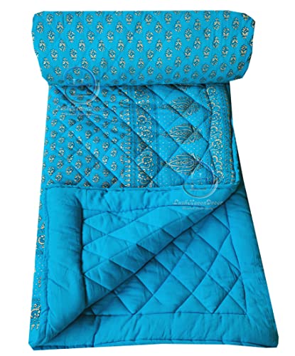 Image of Jaipuri Razai Single Bed Gold Print with Computerized Quilting Use as Soft and Breathable Cotton Comforter Quilt Rajai Blanket Dohar Size 55X85 inch Sky Blue Pack of 1
