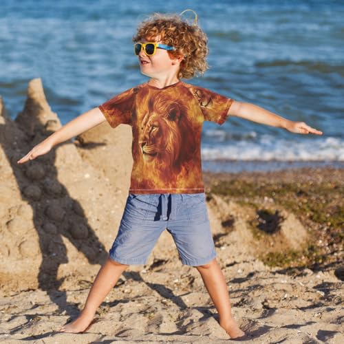 Boys Short Sleeve T-Shirts Fire Lion American Flag Rashguard Kids Swim Shirts Sun UPF 50+4
