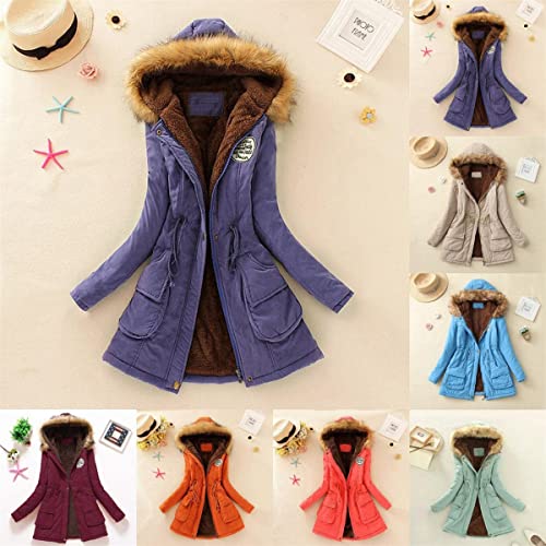 Qsxlts Womens Winter Warm Coats Faux Fur Lined Quilted Hooded Jackets Hoodies Pea Slim Parka Overcoat Casual Outwear Orange #TOP2