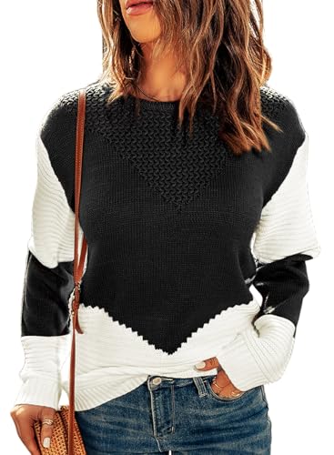 Image of Dokotoo Womens Crochet Crewneck Long Sleeve Pullovers Color Block Tunic Ribbed Sweaters Jumper Tops