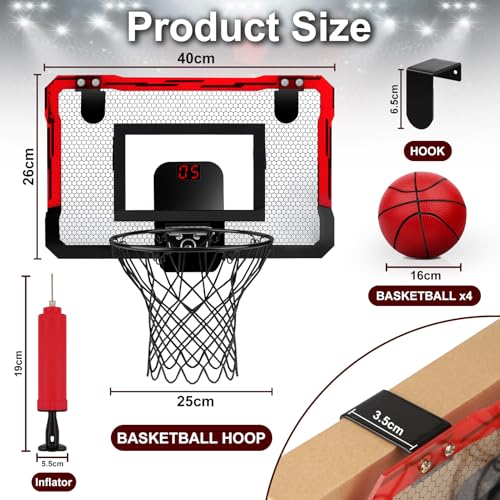 Yimore Basketball Hoop Indoor Mini Basketball Hoop for Kids Bedroom Office Wall Mounted Automatic Scoring with 4 Balls Boy Toys for 5 6 7 8 9 10 Years Old